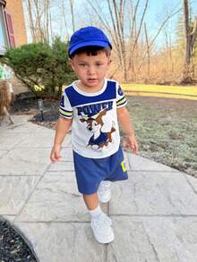 2pcs Baby Boys Blue White Stripe Cartoon Dog Print Short Sleeve T-Shirt And Shorts Set,Cute Summer Toddler Little Brother Beach Racing Outfits - Blue and White - View 5