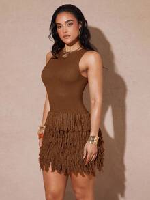 Silquee Women's Solid Color Fringe Design Fashion Date Night Beach Vacation Knit Dress Coffee Brown Autumn Sexy Tropical - Brown - View 5