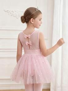 SHEIN Áo liền quần múa ba lê thanh lịch và dễ thương cho bé gái, chất liệu lưới bóng phù hợp cho tập luyện và thi đấu, váy tutu thiết kế nơ xinh xắn khoét lưng, trang phục thể thao. - Hồng - Xem 6