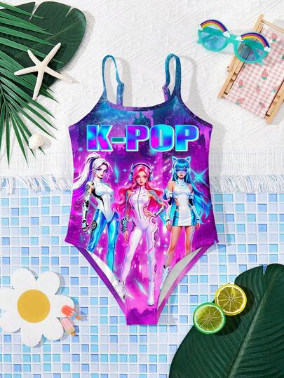 Young Girl Casual Minimalist Cartoon Girl Portrait Colorful Cool Print One-Piece Swimsuit, Suitable For Summer