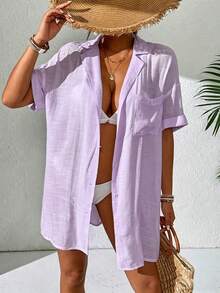 SHEIN Swim 女士纯色简约日常短袖和服罩衫 - 淡紫色 - 查看 1