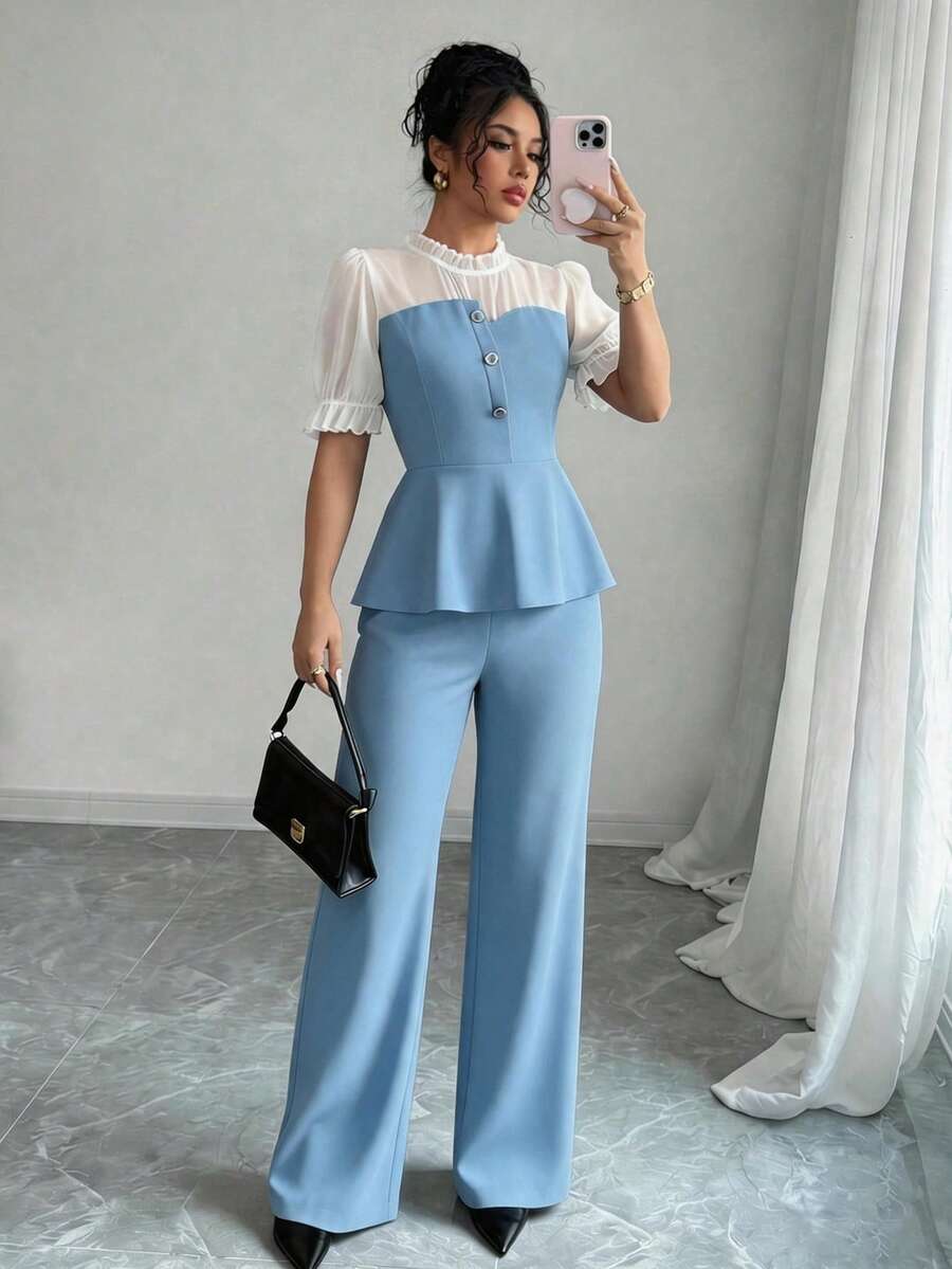 SHEIN Raffinéa Contrast Color Chiffon Patchwork Shirt And Wide Leg Pants Set - Blue - View 1