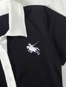 SHEIN Tween Girls' Patchwork Color Knight Embroidery Graphic Casual Everyday Romper - Black - View 4