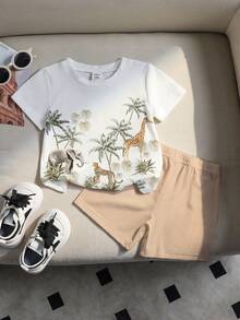 Souflis Souflis 2 pièces/Set Garçon bébé/Unisexe Bébé/Tout-petit 0-3 ans Style coréen Imprimé animal tropical Col rond T-shirt à manches courtes et short assorti, Convient pour l'extérieur, les sports, l'école, le printemps/l'été - Multicolore - Voir 4