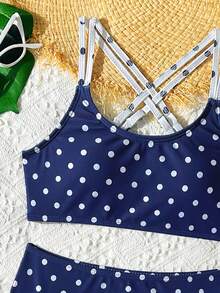 Đồ bơi bikini cho bé gái tuổi teen, đồ bơi hai mảnh cho bé gái tuổi teen, đồ bơi chấm bi cho bé gái tuổi teen, chấm bi xanh navy, phong cách retro, thiết kế dây chéo tạo thêm tính thẩm mỹ, thích hợp cho kỳ nghỉ biển, du lịch biển, hồ bơi, lướt sóng. - Nhiều màu - Xem 4