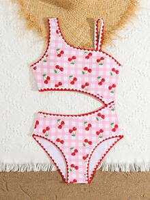 SHEIN Teen Girl Sweet Girly Cherry Print Plaid One-Piece Swimsuit With Contrast Trim And Shell Embroidery, Fashionable For Summer Vacation, Beach Seaside - Pink - View 7