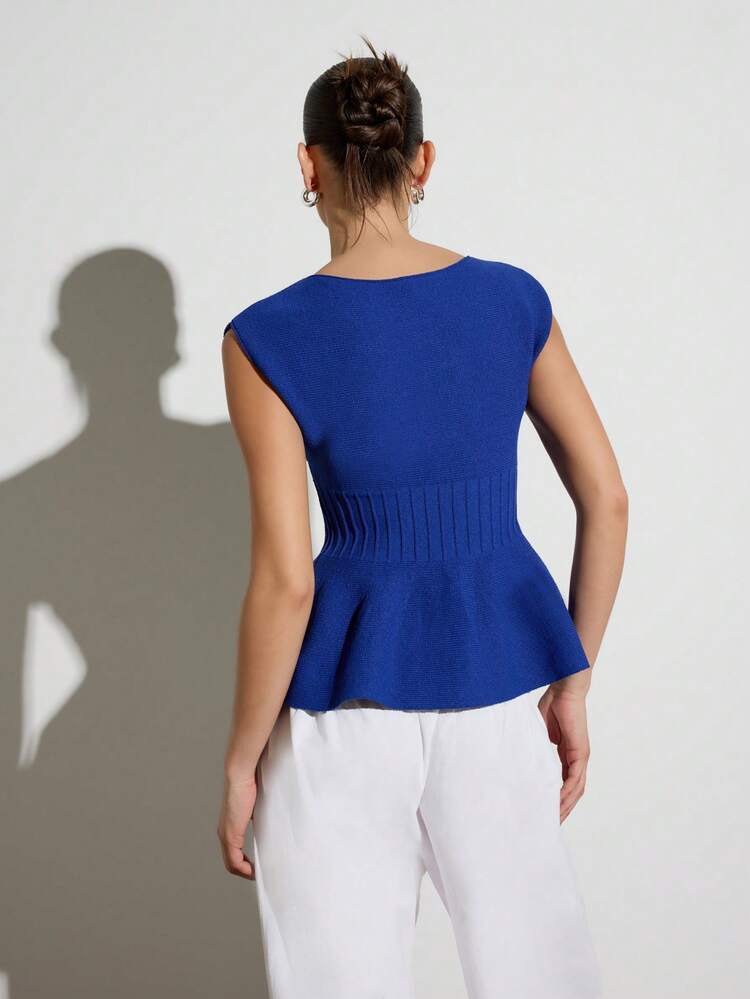 KSTM Blusa de punto acanalado con mangas cortas y volante en la cintura, escote barco, para uso casual en primavera y verano, color azul real