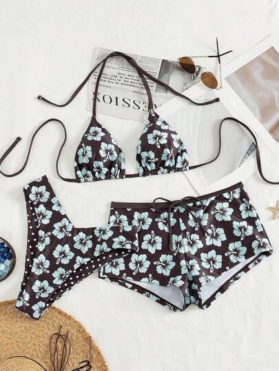 Swim Vcay Summer Beach Vacation Women Floral Print Halter Neck Triangle Top & Double-Sided Print Low Waist Swim Shorts 3-Piece Set