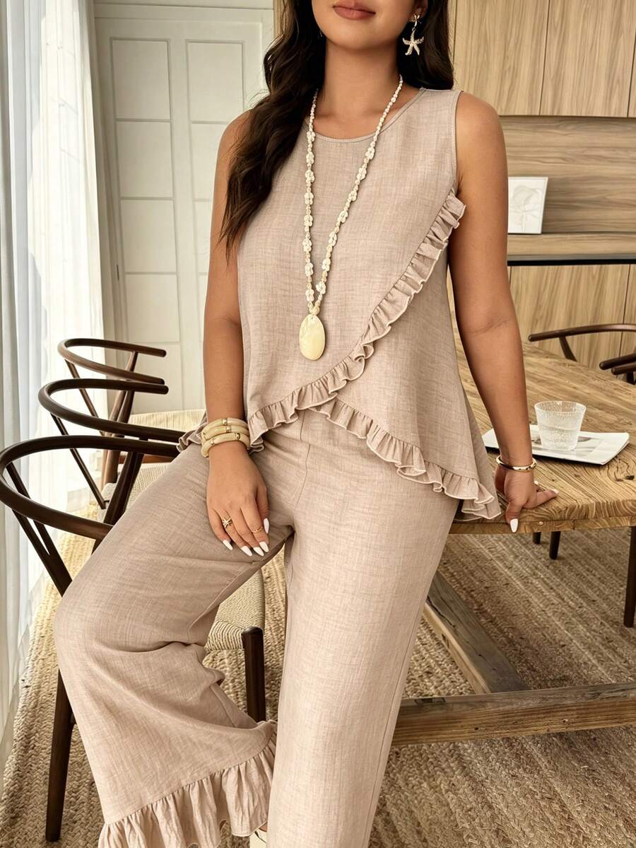 Weeklong Conjunto de 2 piezas para mujer talla grande con top holgado sin mangas de cuello redondo con ribete de volantes y pantalones de pierna recta, adecuado para vacaciones y uso diario, primavera/verano - Albaricoque - Ver 1
