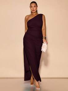 SHEIN BAE Vestidos de mujer talla grande para bodas, damas de honor, fiestas, citas, vacaciones. Vestidos de verano talla grande elegantes para fiestas, cumpleaños, San Valentín, de satén, con hombros asimétricos o de un solo hombro. Vestidos de verano talla grande con cuello asimétrico, cintura plisada y aberturas laterales. Vestidos largos para mujeres, vestidos de verano, vestidos de fiesta para invitadas de boda - Granate - Ver 5