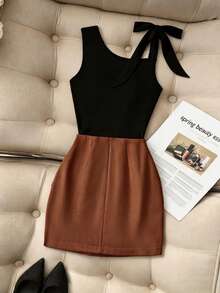 GlowEve Women's Black One-Shoulder Bow Sleeveless Top & Caramel Ruched High Waist Skirt Set, Button Detail - Multicolor - View 2