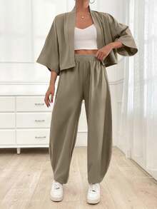 EURMUSE Women's Solid Color Open Front 3/4 Sleeve Top And Pants Set - Beige - View 8