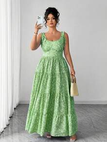 Elenzga Vestido de verano sexy para mujer de talla grande con nuevo diseño floral azul, cuello en V, mangas farol, decoración con lazo en los hombros, volantes en el bajo y cintura ceñida. Adecuado para vacaciones, uso diario casual, citas de verano y ocasiones sociales. - Verde - Ver 8