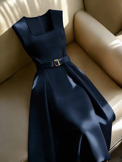 Franclia Casual Minimalist Versatile Square Neck Sleeveless Black Trim Waist Flare Dress, Beige, Spring/SummerNavy Blue Square-Neck Gold Buckle Belt French Style Dress,Office Waist-Cinched Slimming Elegant Dress,Sleeveless A-Line Dress,Navy Blue Dress,Summer Dress,Casual / Everyday Dress,Square Neck Dress,A-Line Dress,Elegant Dress,Minimalist Dress,Dark Blue Belted A-Line Midi Dress,Elegant Workwear Tailored Dress For Women,Draped Slimming Tailored Waist Dress