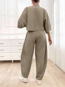 EURMUSE Women's Solid Color Open Front 3/4 Sleeve Top And Pants Set - Beige - View 2