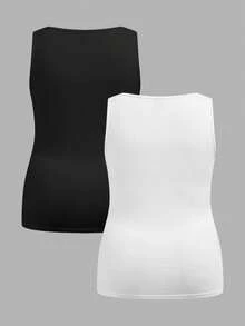 Slaydiva 2pcs/Set Casual Black & White Plus Size Women Camisole And Tank Top, Suitable For Summer Music Festivals - Black and White - View 2