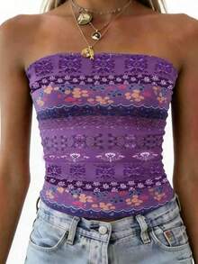EMERY ROSE Women's Summer Vacation All-Over Print Tight Cropped Bandeau Top - Multicolor - View 3