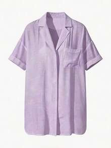 SHEIN Swim 女士纯色简约日常短袖和服罩衫 - 淡紫色 - 查看 5