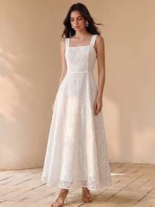 Anewsta Đầm dài trắng thanh lịch dành cho nữ, chất liệu vải dệt jacquard họa tiết hoa hồng trắng, cổ vuông, không tay, thích hợp cho mùa hè. - trắng - Xem 5