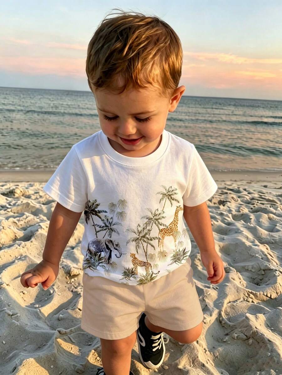 Souflis Souflis 2 pièces/Set Garçon bébé/Unisexe Bébé/Tout-petit 0-3 ans Style coréen Imprimé animal tropical Col rond T-shirt à manches courtes et short assorti, Convient pour l'extérieur, les sports, l'école, le printemps/l'été - Multicolore - Voir 1