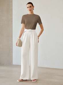 MOTF PREMIUM WOMEN'S SUMMER SOLID COLOR ASYMMETRIC SPLIT DESIGN ALL-MATCH VERSATILE ROUND NECK SHORT SLEEVE T-SHIRT - Coffee Brown - View 6