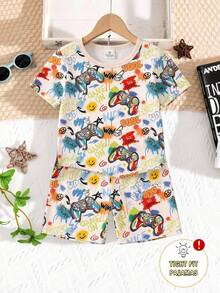 【6件套随机发货，每套2件】男童睡衣，春夏新品，时尚热销，酷炫图案印花，包括积木、恐龙、足球、游戏机等，4件套紧身短袖上衣和短裤，街头风 - 彩色 - 查看 5