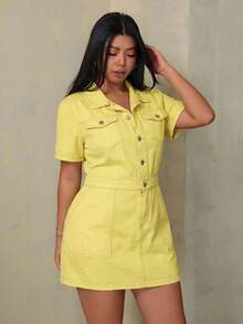 SHEIN EZwear Plus Size Women Casual Button Front Short Sleeve Denim Dress - Light Yellow - View 3