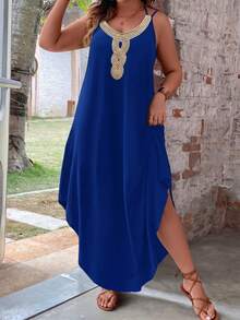 Breezaya Plus Size Women Versatile Slimming Floral Trim Collar Maxi Camisole Dress - Royal Blue - View 5