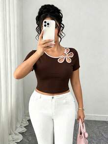 Elenzga Plus Size Women Patchwork Hollow Out Casual Versatile Daily Wear Short Sleeve T-Shirt - Brown - View 7