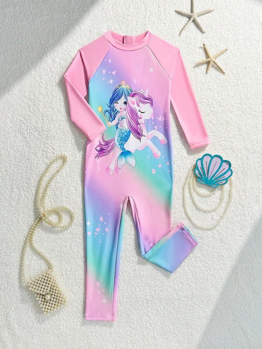 SHEIN 2025新款/女婴可爱美人鱼独角兽图案连体泳衣,适合游泳池、沙滩派对、节日礼物,女婴泳装,女婴沙滩装,女婴游泳服,女婴沙滩装 - 粉色 - 查看 1