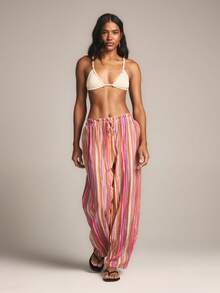 KSTM Colorful Multi Stripe Wide Leg Palazzo Beach Casual Summer Vacation Drawstring Elastic Waist Flowing Bohemian Pants - Multicolor - View 4