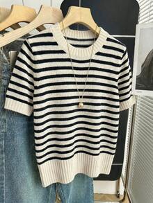 Franclia New Arrival Spring/Summer Korean Style Casual Loose Personalized Striped Contrast Color Knit Top For Women - Multicolor - View 5