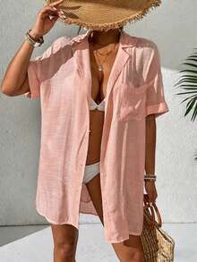 Swim Vcay Women's Solid Color Kimono Cover-Up For Beach/Resort - Coral Pink - View 1