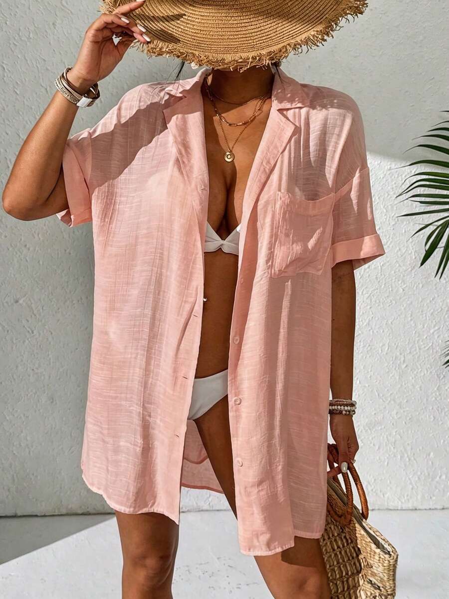 Swim Vcay Women's Solid Color Kimono Cover-Up For Beach/Resort - Coral Pink - View 1