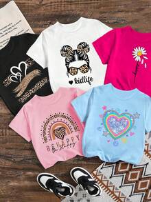 5pcs Girls Summer White School T-Shirts,Cute Leopard Print,Heart,Floral Graphic Short Sleeve Tees,Fashionable Comfortable Daily Wear,Multicolor Set - Multicolor - View 3