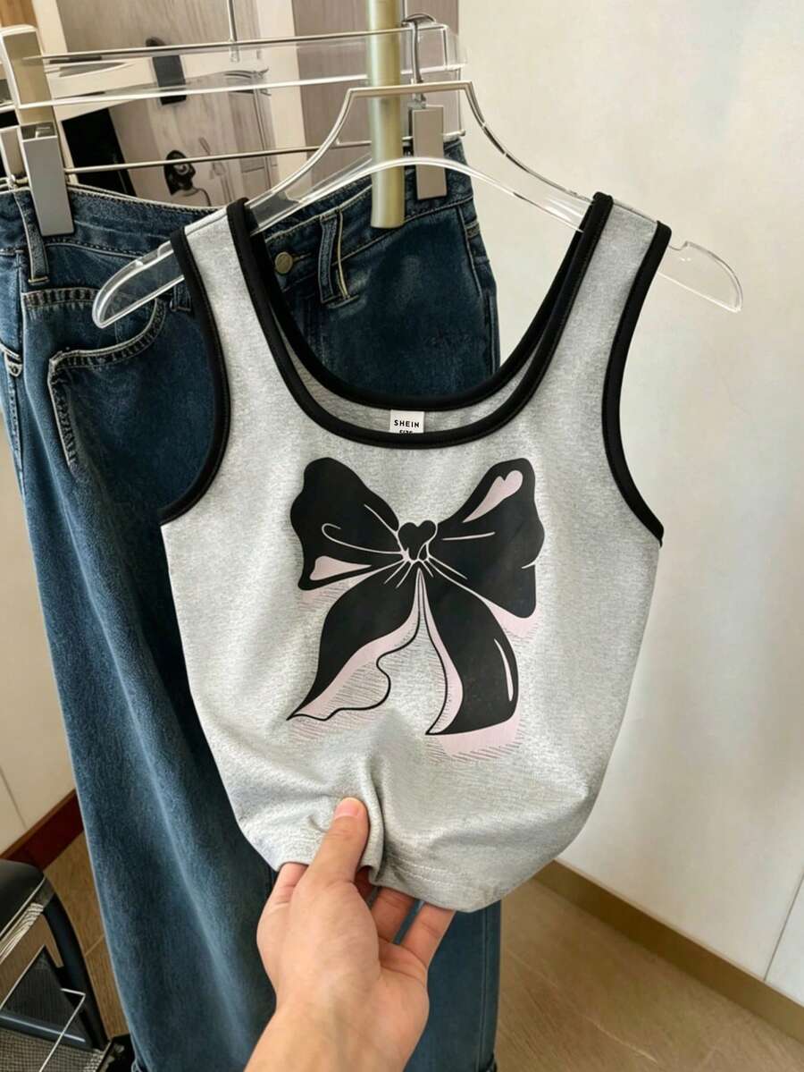 Elladie kids 少女休闲撞色蝴蝶结印花背心,夏季 - 灰色 - 查看 1