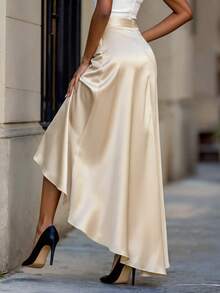 Balvessa Solid Color Ruffle Asymmetric Hem Elegant Skirt, Spring/Summer - Navy Blue - View 2