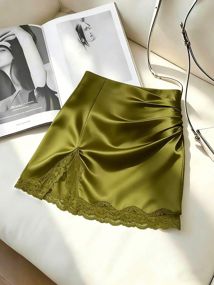 Qadelle Hàng mới về mùa xuân/hè, kiểu dáng thanh lịch, thoải mái, thích hợp cho kỳ nghỉ, đi biển, dự tiệc, gợi cảm, xẻ tà, phối ren, màu đen dành cho nữ. - Màu xanh Ô liu - Xem 1