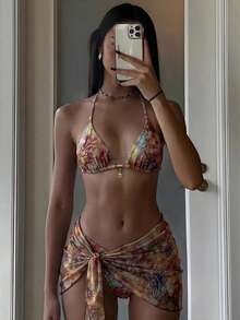 Costavie Bộ bikini 3 mảnh dành cho nữ, kiểu dáng cổ yếm, họa tiết ngẫu nhiên, đính kim loại, gồm áo và váy ngắn, thích hợp cho mùa xuân/hè. - Nhiều màu - Xem 1