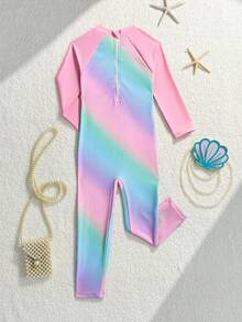 SHEIN 2025新款/女婴可爱美人鱼独角兽图案连体泳衣，适合游泳池、沙滩派对、节日礼物，女婴泳装，女婴沙滩装，女婴游泳服，女婴沙滩装 - 粉色 - 查看 2