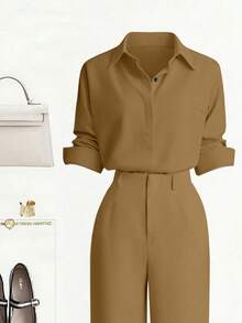 Zovinel New Button-Up Solid Color Shirt And Straight Leg Casual Pants Set - Khaki - View 4