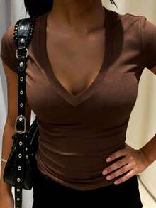 INAWLY Solva Women's Versatile Casual Deep V-Neck Fitted T-Shirt, Suitable For Daily Commute - Coffee Brown - View 2