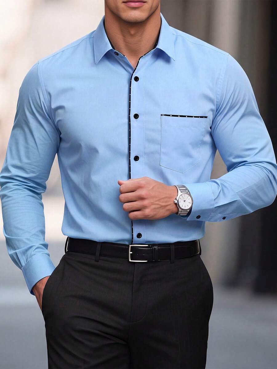 Manfinity Bizformal 男士休闲简约设计长袖插肩衬衫 - 藍色 - 查看 1
