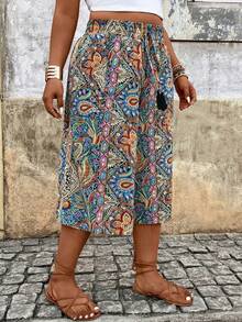 Breezaya Pantalones capri de talla grande para mujer con estampado de paisley bohemio, casuales para vacaciones - Azul - Ver 5