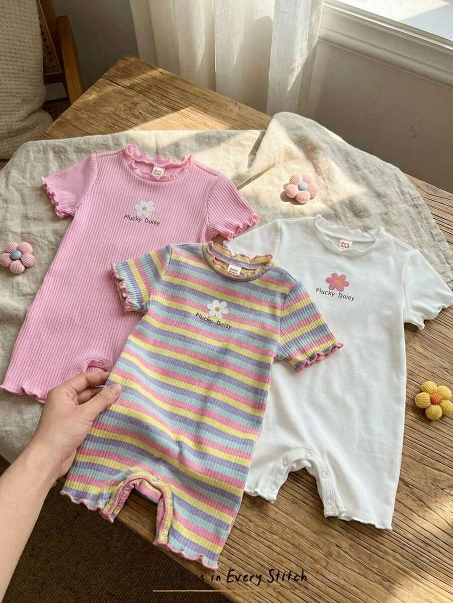 Cozy Pixies 3件套女婴碎花条纹针织柔软圆领短袖连体衣和短裤套装 - 珊瑚粉 - 查看 1