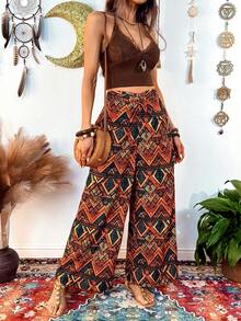 Fembélia Damen Casual Loose Bedruckte Hosen Boho Hosen für Damen Damen Sommer Hosen Bohemian Hosen Weite Bein Hosen Damen Hohe Taille Palazzo Hosen Damen Urlaubs-Outfit Sets - Verschiedenfarbig - Übersicht 4