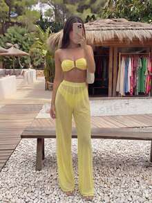 Swim SXY Bộ 3 món màu vàng mới, áo quây, quần tam giác và quần lưới đi biển, đồ bơi gợi cảm, thoải mái, dự tiệc ngày lễ, bộ bikini dành cho nữ. - Màu vàng - Xem 2