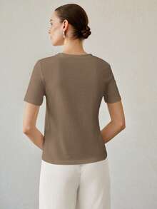 MOTF PREMIUM WOMEN'S SUMMER SOLID COLOR ASYMMETRIC SPLIT DESIGN ALL-MATCH VERSATILE ROUND NECK SHORT SLEEVE T-SHIRT - Coffee Brown - View 5