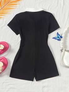 SHEIN Tween Girls' Patchwork Color Knight Embroidery Graphic Casual Everyday Romper - Black - View 2