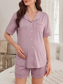 Moonlight&Mama Bộ đồ ngủ ngắn tay cho bà bầu và cho con bú gồm 2 món, có túi phía trước, cài nút, chất liệu cotton, kiểu dáng thời trang. - Bụi hồng - Xem 3